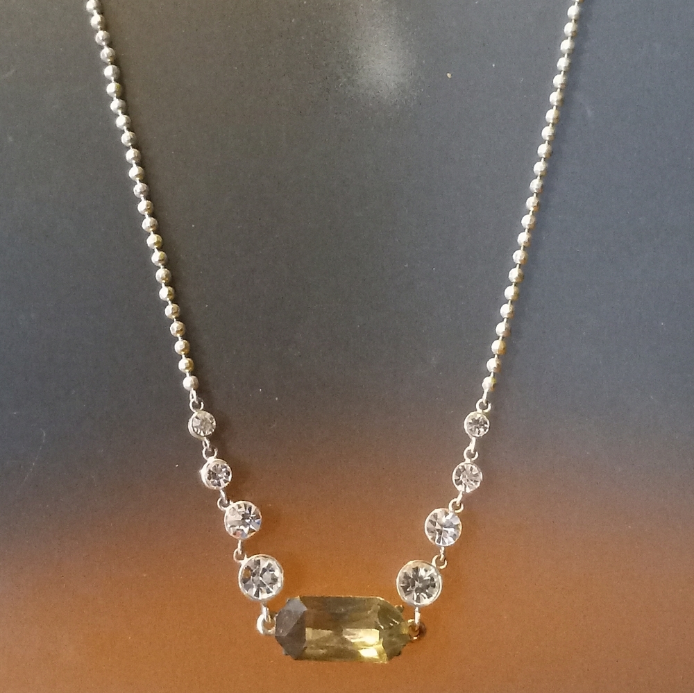 Silver Tone Olive Green Rhinestone Necklace